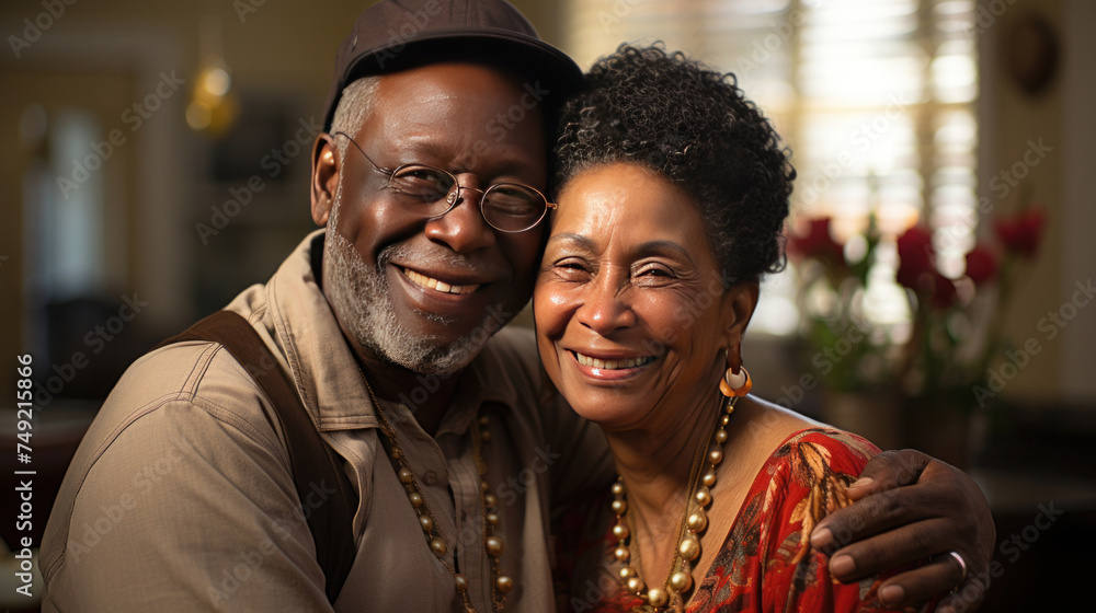 A middle-aged african-american couple hugging, in a living room environment, candid A middle-aged african-american couple hugging, in a living room environment, candid