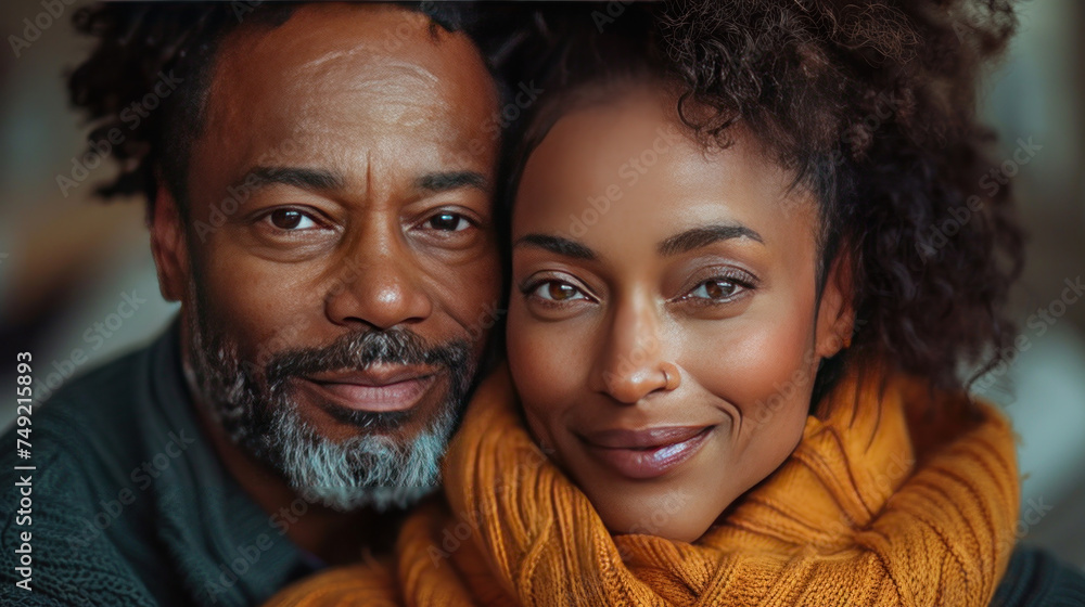 A middle-aged african-american couple hugging, in a living room environment, candid A middle-aged african-american couple hugging, in a living room environment, candid