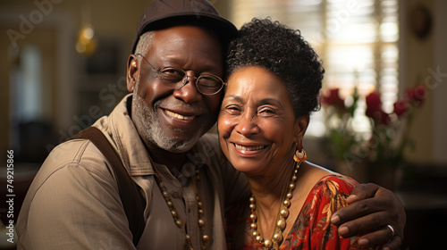 A middle-aged african-american couple hugging, in a living room environment, candid