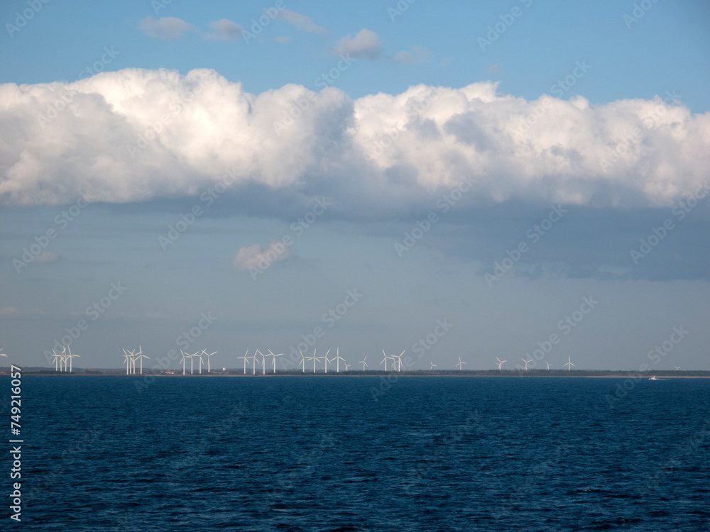 Horizon and row of wind turbines - Between Malmo and Copenhagen - Sweden - Denmark