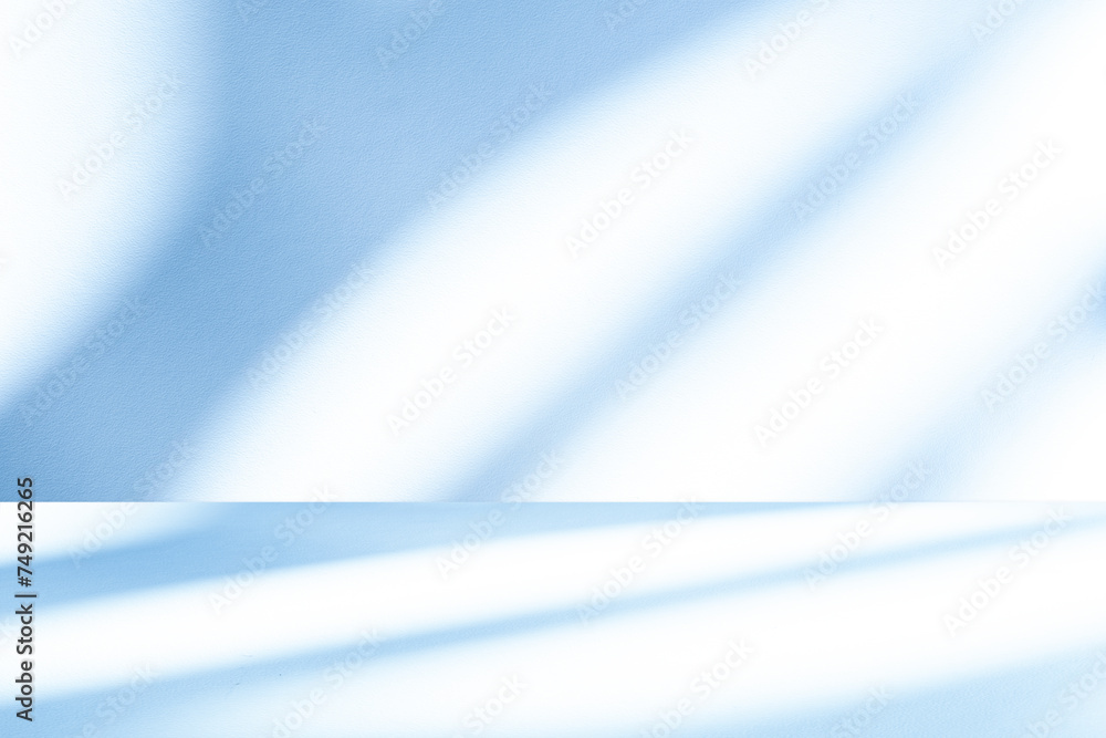 Wall interior background, studio and backdrops show products. with leaf shadow from window color blue and white. background for text insertion and presentation of product Wall interior background, studio and backdrops show products. with leaf shadow from window color blue and white. background for text insertion and presentation of product