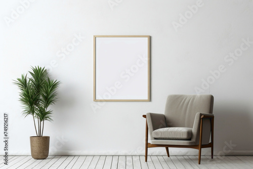 HD photograph of a Scandinavian-style living space with a single chair, plant, and an empty frame for creative text.