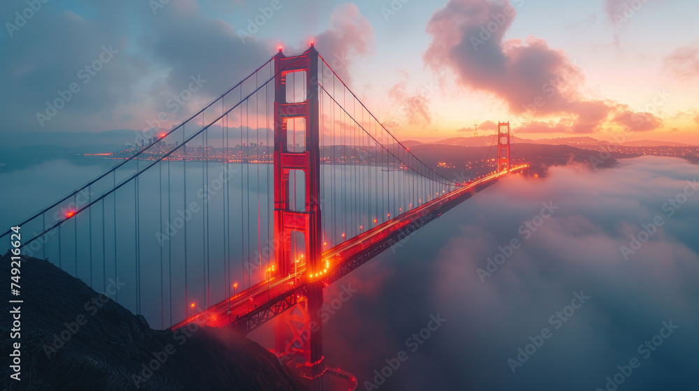 Amazing aerial views from the Golden Gate bridge in San Francisco, fog, trails of light Amazing aerial views from the Golden Gate bridge in San Francisco, fog, trails of light