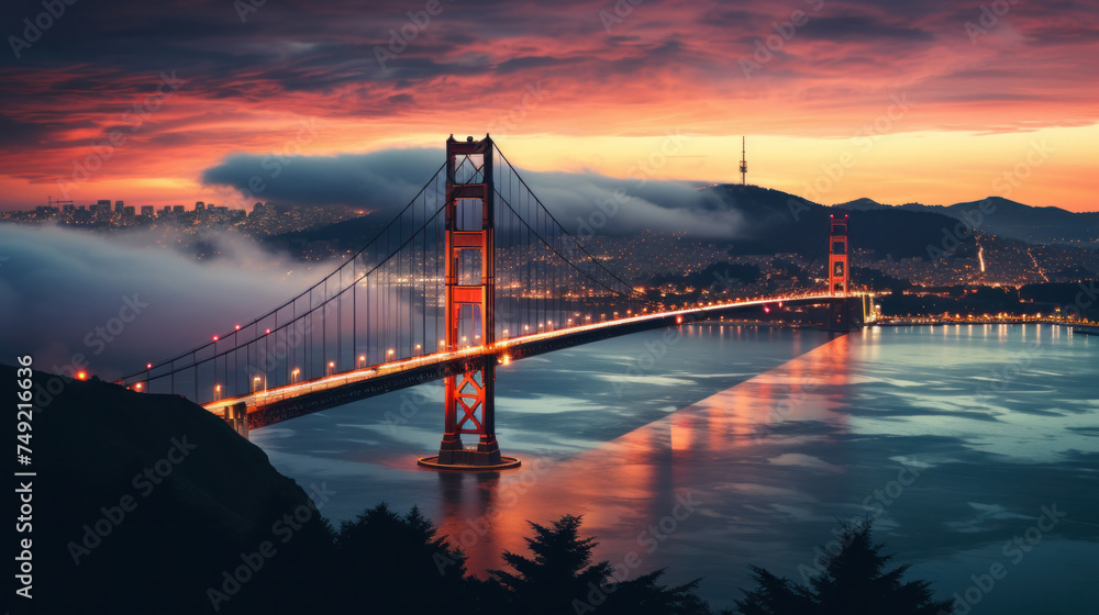 Obraz premium Amazing aerial views from the Golden Gate bridge in San Francisco, fog, trails of light