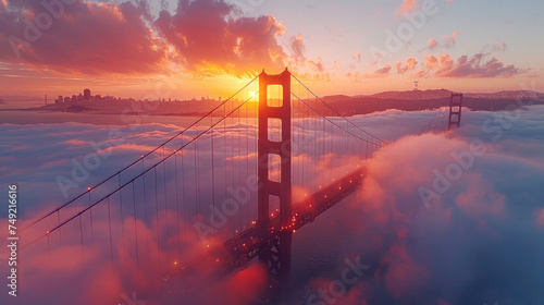 Amazing aerial views from the Golden Gate bridge in San Francisco, fog, trails of light