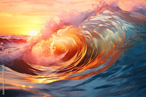 Surfing ocean wave at sunset