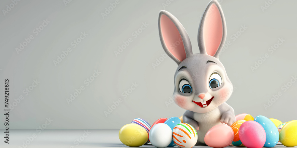 Fototapeta premium Cute Cartoon Bunny with Colorful Easter Eggs on Grey Background 