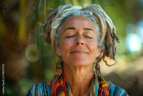 Portrait of a beautiful mature woman with dreadlocks in the garden