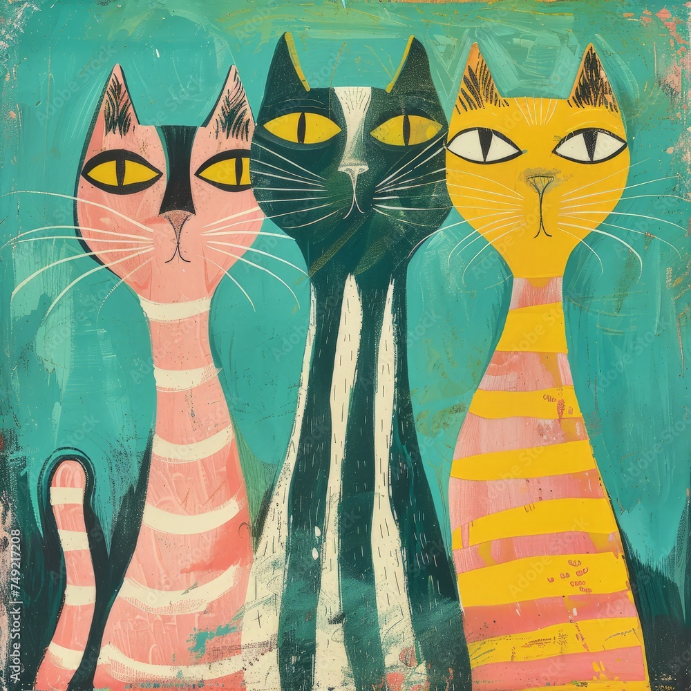 A painting featuring three cats, each in a different pose, set against ...