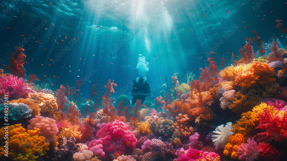 Colorful underwater scene of a vibrant coral reef teeming with marine life in the beautiful blue sea