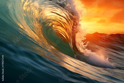 Surfing ocean wave at sunset time. Close-up view