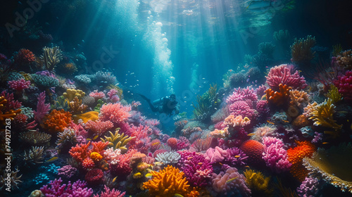 Colorful underwater scene of a vibrant coral reef teeming with marine life in the beautiful blue sea © NUTTAWAT