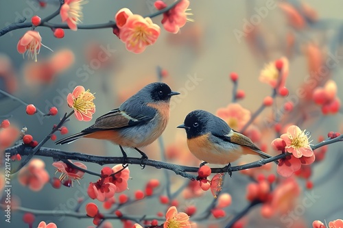 Two beautiful birds sitting on  flowering branch, A pair of exquisite birds perched on a blossoming branch, yellow and blue bird, On the branch with spring flowers, garden birds.