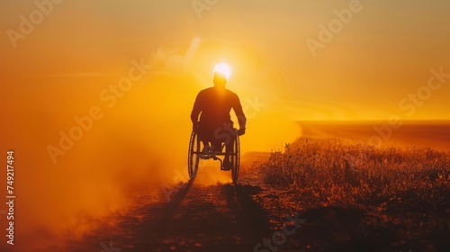 Back view of a solitary man in a wheelchair, contemplating a breathtaking sunset in a serene field. © saichon