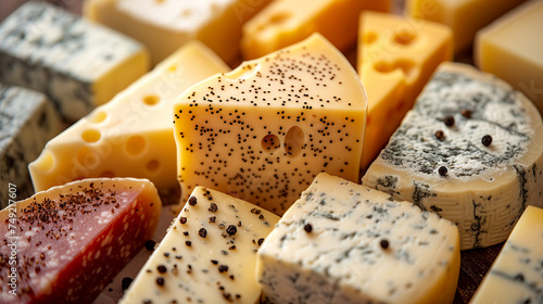 Different types of cheese with poppy seeds on a wooden table, closeup