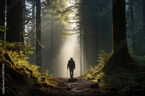Man walking on forest path with sunlight filtering through trees. Solitude and nature connection.