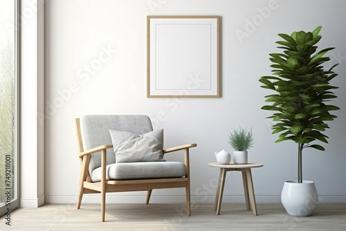 Experience serenity in a Scandinavian living room with a wooden chair, a lively plant, and an empty frame poised for your creative words. © Osman