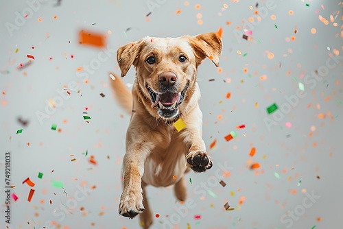 The dog jumps into the confetti