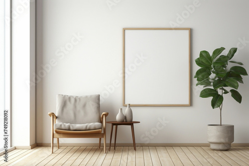 High-quality photo of a Scandinavian living room with a solitary chair, plant, and a blank frame for your custom text. © Osman