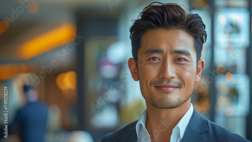 Asian man smiles confidently while wearing a suit jacket in front of the mirror.