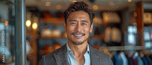 Asian man smiles confidently while wearing a suit jacket in front of the mirror.