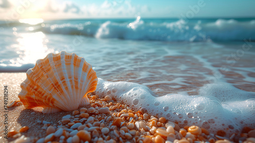Seashell and sea wave on the beach at sunset. Nature background