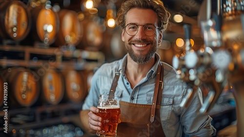 Craft beer quality is overseen by an experienced brewer wearing an apron.