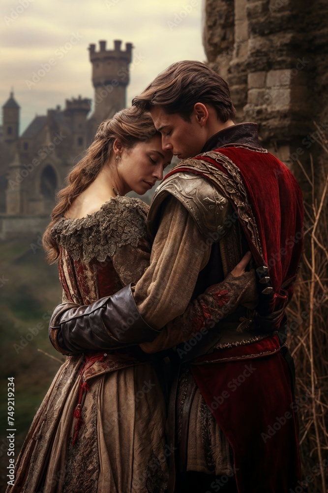 Knight Embracing Lady in Medieval Garb