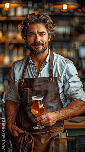 Craft beer quality is overseen by an experienced brewer wearing an apron. photo