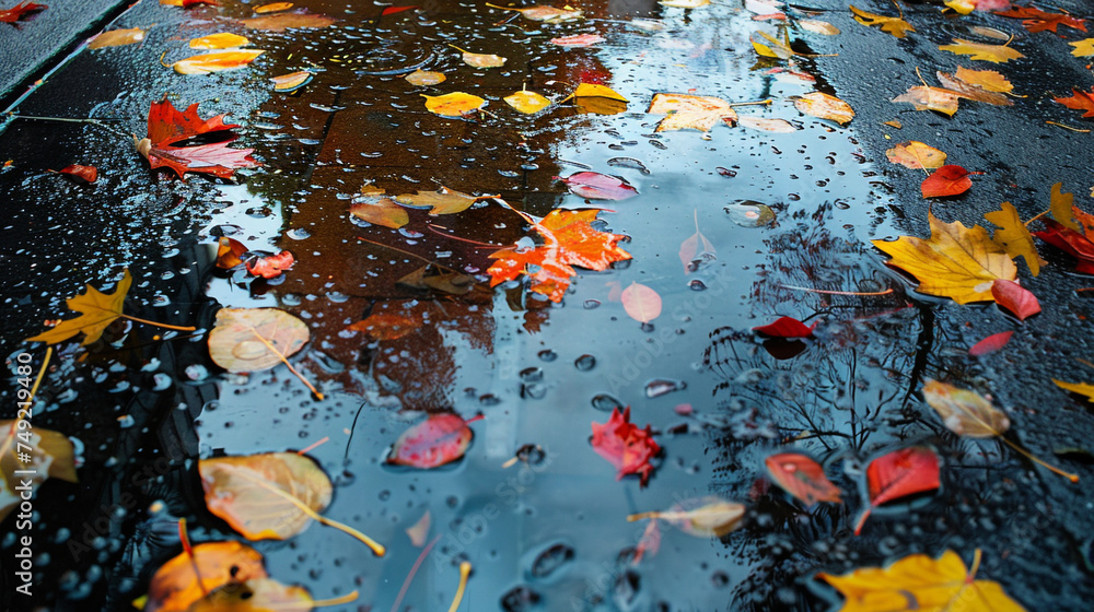 closeup of autumn leaves on a rain slicked road closeup of autumn leaves on a rain slicked road