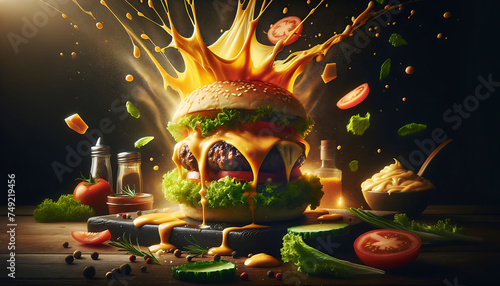A juicy cheeseburger with dynamic cheese splash and flying ingredients on a dark background. photo