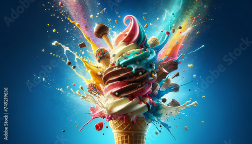 Explosive splash of colorful soft serve ice cream with toppings and sprinkles against a blue backdrop. photo