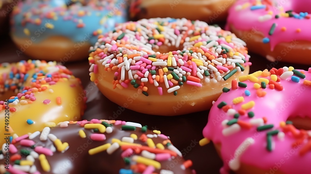 Colorful glazed donuts with sprinkles on black background
