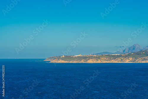 Scenic view of the African side of the Strait of Gibraltar featuring the Cap Malabata in Tanger, Morocco