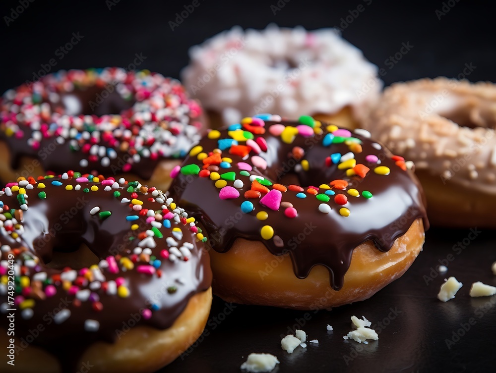 Delicious donuts with icing and colorful sprinkles Delicious donuts with icing and colorful sprinkles
