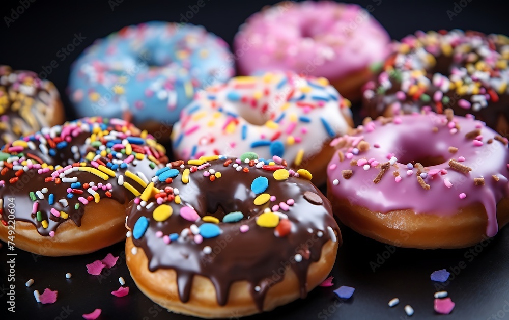donuts with pink icing and colorful sprinkles on a black background donuts with pink icing and colorful sprinkles on a black background