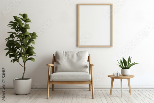 Find serenity in a Scandinavian living room with a wooden chair, a green plant, and an empty frame ready for your creative expression.