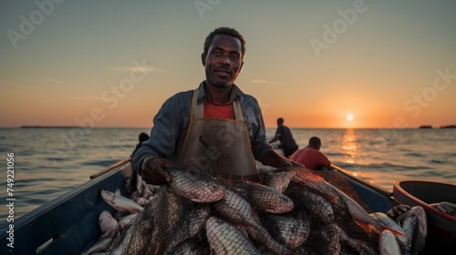 The fisherman catches fish in the sea. Hard work. Fishing net, boat, sea, fish.