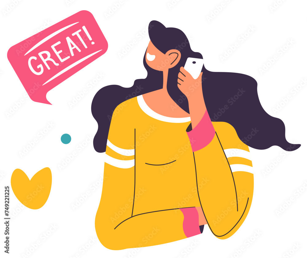 Woman talking on phone, recommending or approving Woman talking on phone, recommending or approving