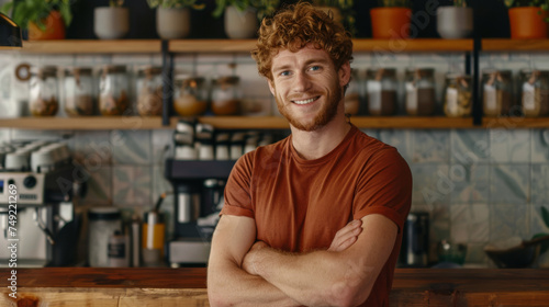 A cheerful entrepreneur with crossed arms standing confidently in a modern coffee shop.