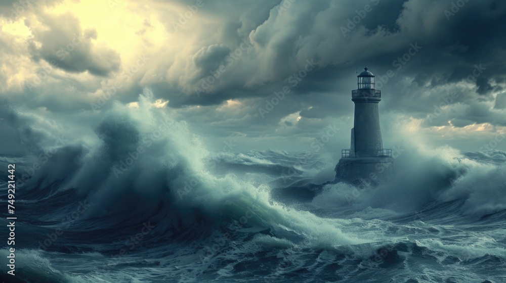 This photo showcases a dramatic painting of a lighthouse standing strong against powerful waves crashing in a stormy sea.