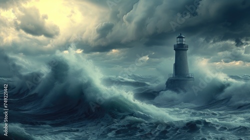 This photo showcases a dramatic painting of a lighthouse standing strong against powerful waves crashing in a stormy sea.
