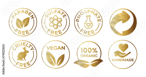 Gold vector cosmetic line icons set. free allergen icons. paraben free, sulfate free, phosphate free, vegan, organic, cruelty free icon set, vector illustration 