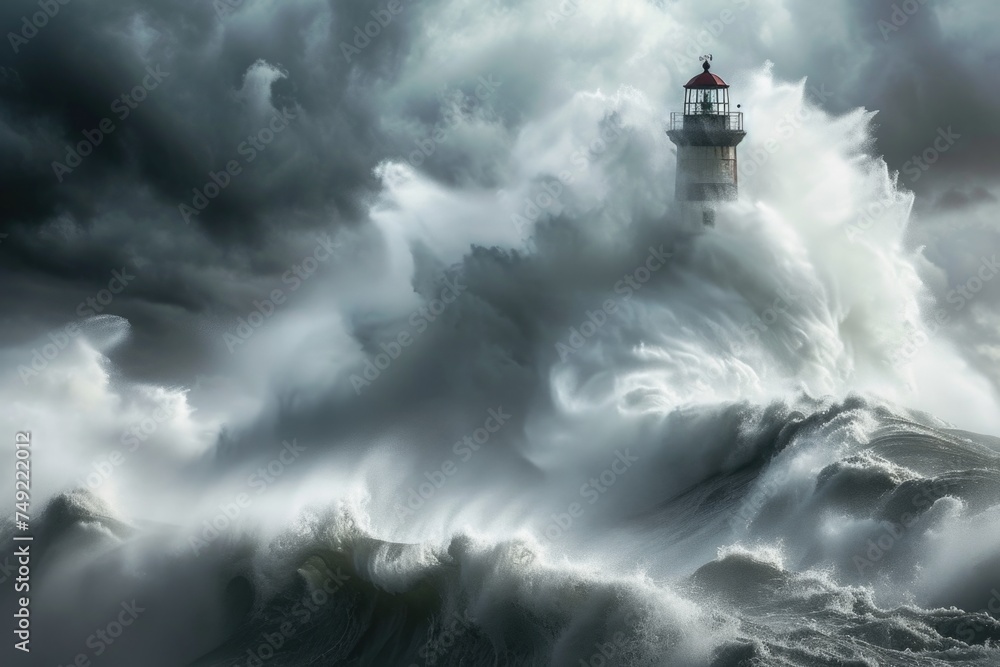 A towering lighthouse stands strong as a massive wave crashes against it in the turbulent ocean.