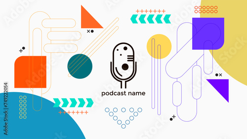 ABSTRACT TEMPLATE PODCAST MICROPHONE FLAT COLOR GEOMETRIC SHAPE MEMPHIS DESIGN BACKGROUND VECTOR. GOOD FOR COVER DESIGN, BANNER, WEB,SOCIAL MEDIA