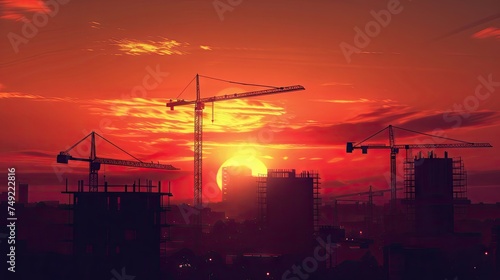 a construction site with cranes at sunset, ultra realistic 