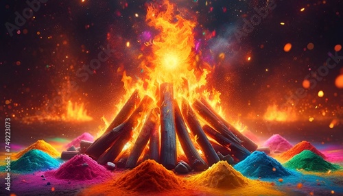 Illustration of bonfire with colorful powders around for holika dahan.