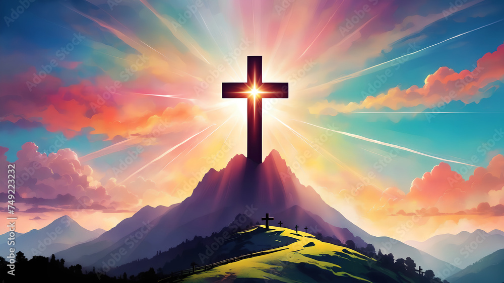 Silhouettes of cross on top mountain with bright sunbeam - obrazy, fototapety, plakaty 