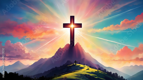 Silhouettes of cross on top mountain with bright sunbeam #749223232