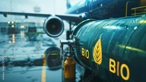 Conceptual image of green, eco-friendly fuel for aviation, symbolizing the sustainable future of air travel with a focus on environmental conservation.